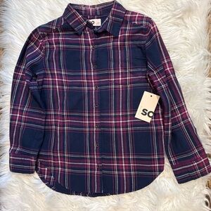 Girls SO Boyfriend Flannel Shirt Navy Pink Plaid Long Sleeve Button Up NWT Sz 7
